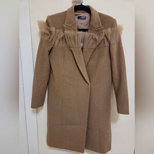 Elegant Tan Women's Merino Cashmere Coat with Tulle Detail